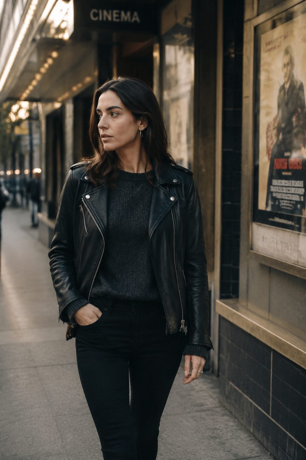 fall capsule wardrobe outfit idea: black leather moto jacket, sweater, and skinny trousers for a Friday movie date