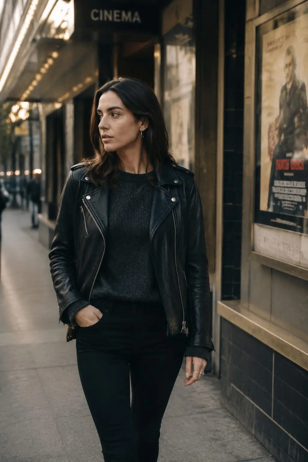 fall capsule wardrobe outfit idea: black leather moto jacket, sweater, and skinny trousers for a Friday movie date