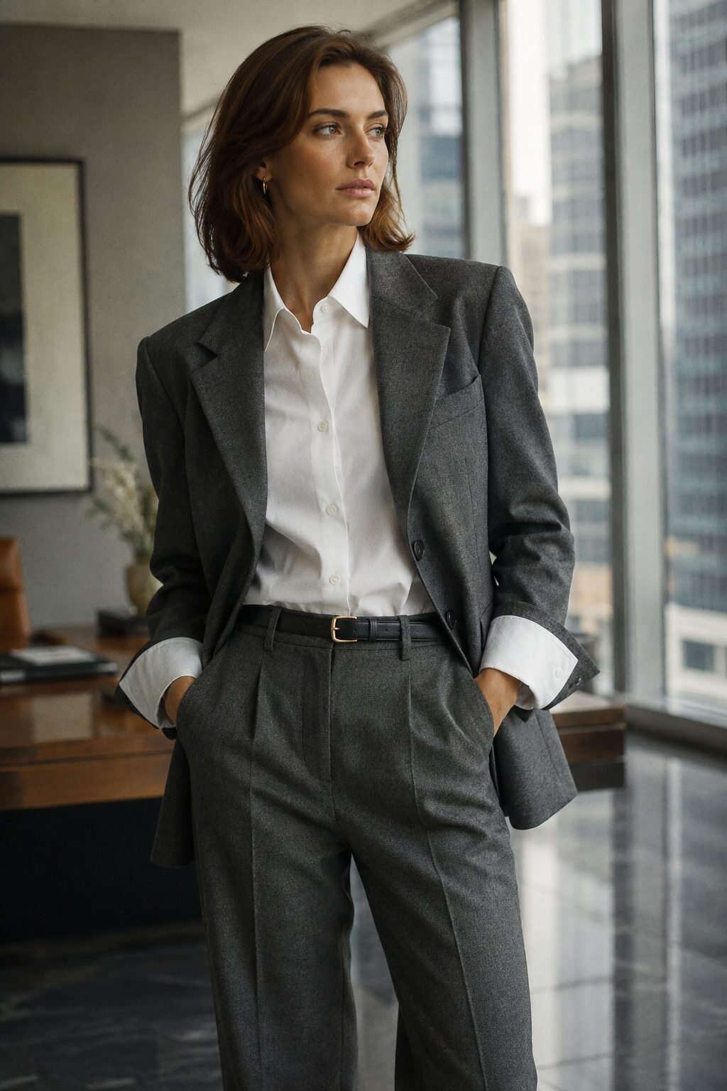 power office white shirt outfit: buttoned shirt under a structured gray flannel blazer