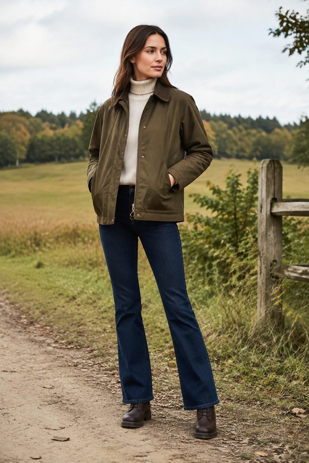 weekend bootcut jeans outfit: olive barn jacket and cream turtleneck over indigo denim