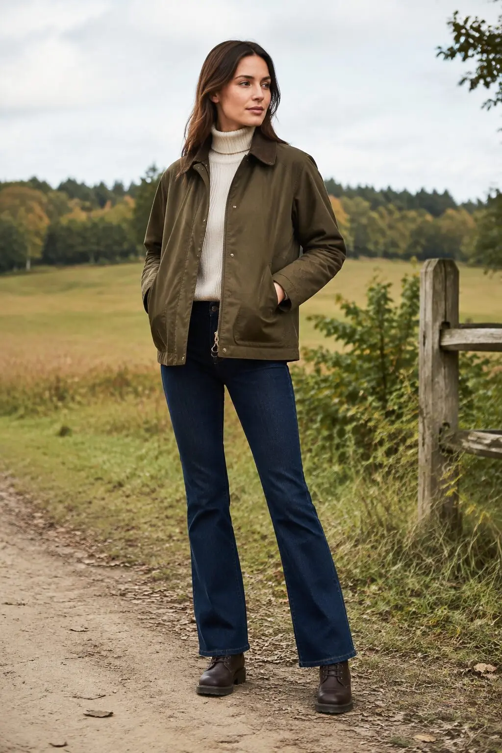 weekend bootcut jeans outfit: olive barn jacket and cream turtleneck over indigo denim