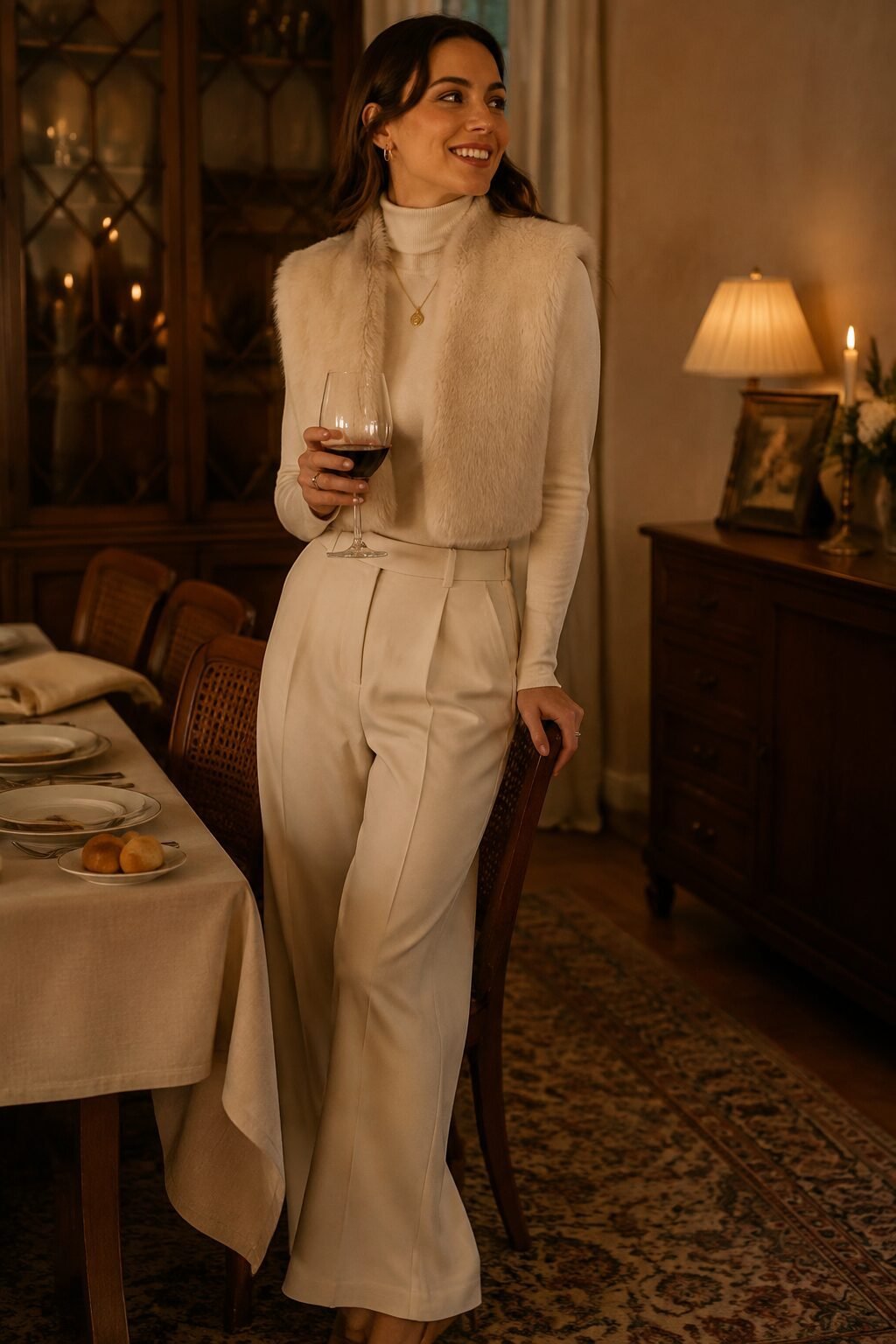 christmas dinner outfit for family: ivory turtleneck with a faux fur vest and trousers