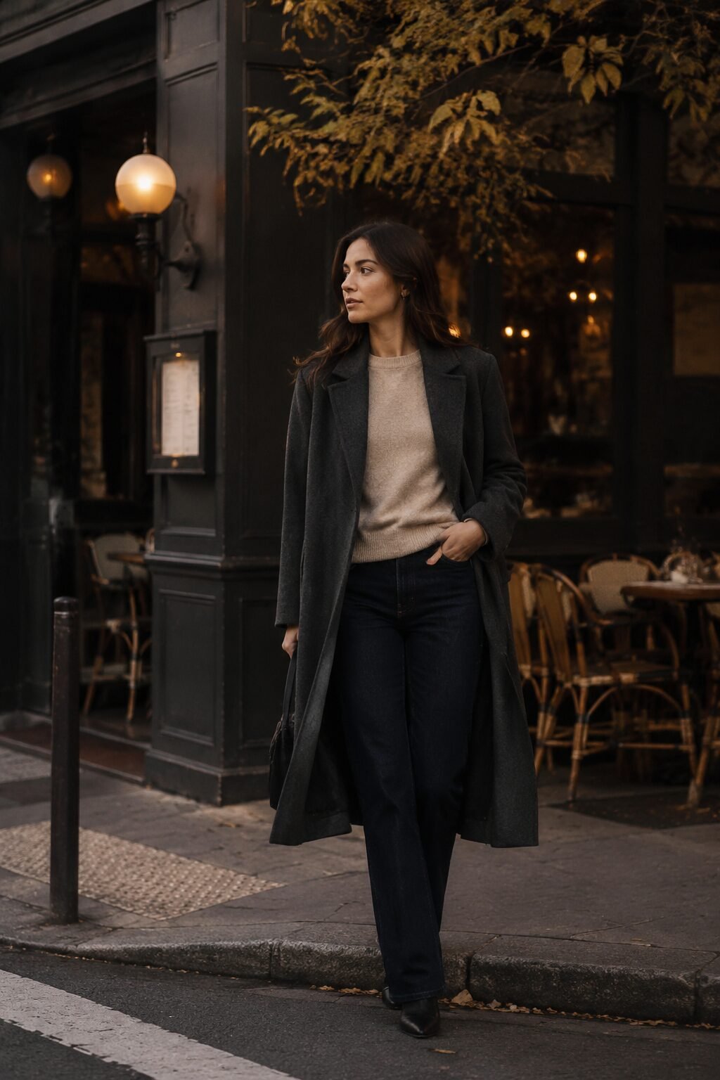 warm-weather bootcut jeans outfit inspired by Carolyn Bessette Kennedy: linen-blend popover shirt, woven belt, and espadrille wedges for a beach town evening