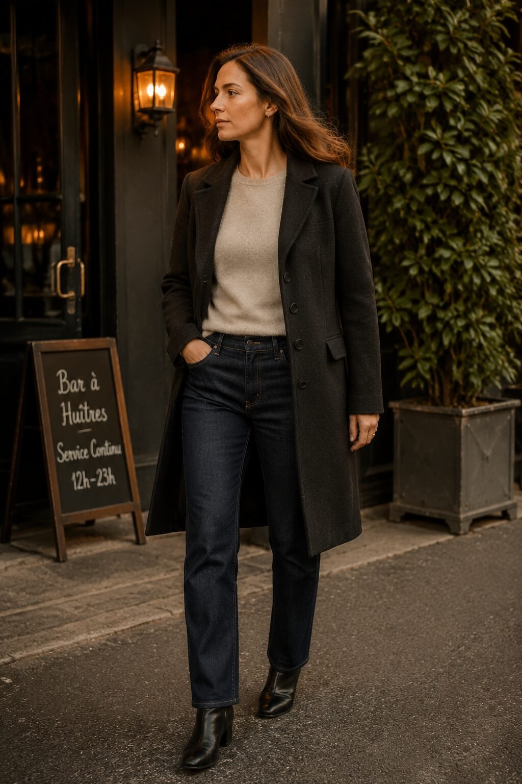 charcoal wool coat, cashmere crewneck, and raw denim jeans, cool fall evening outfit