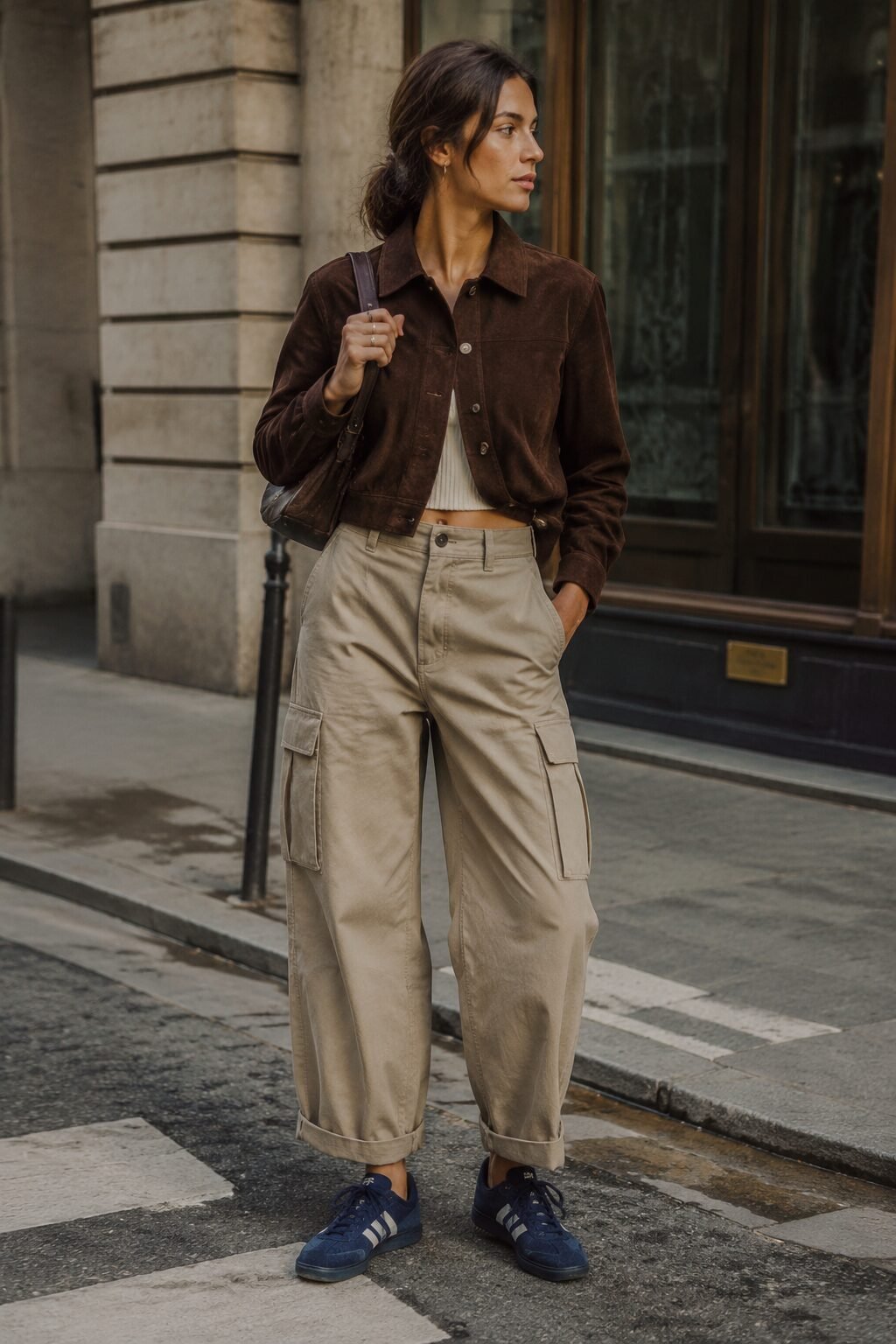 how to style a suede jacket with cargo pants: chocolate suede jacket, stone cargo trousers, and navy sneakers