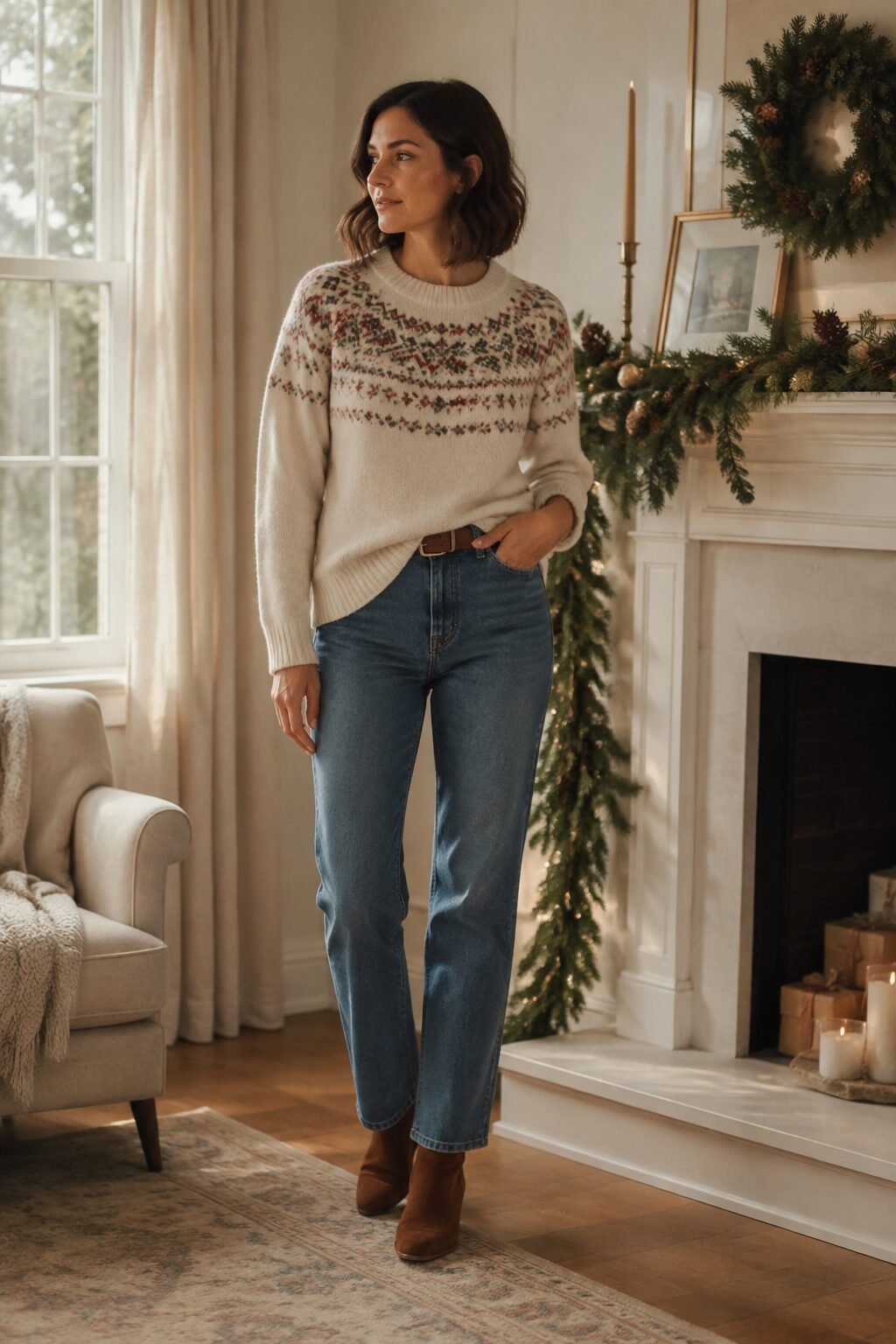 cozy christmas day outfit idea: cream fair isle sweater with straight-leg jeans and ankle boots