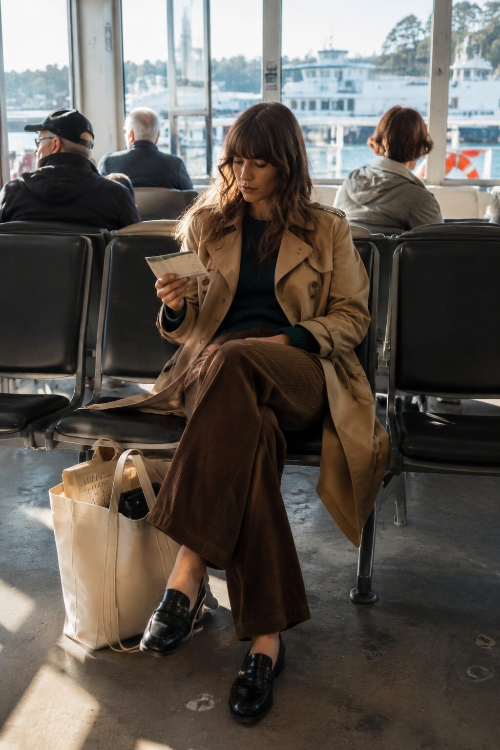 fall capsule wardrobe travel outfit: camel trench coat over a forest green sweater and brown corduroy wide-leg trousers with an ivory tote and black loafers