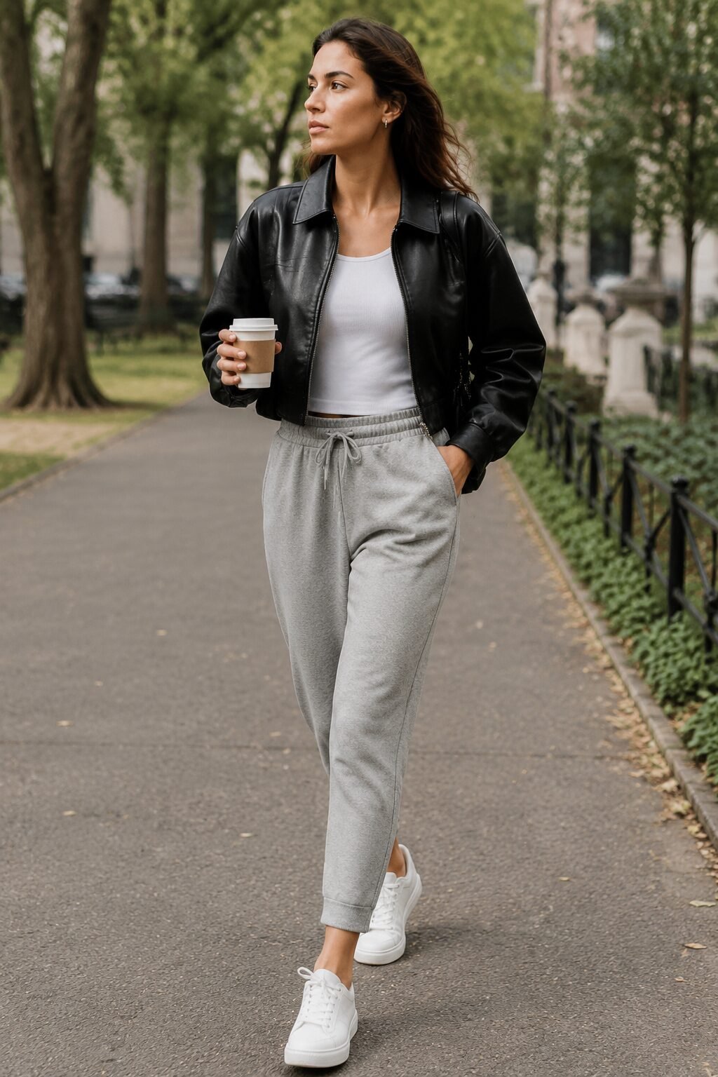 how to style a leather jacket with track pants: black cropped leather jacket over navy striped track pants
