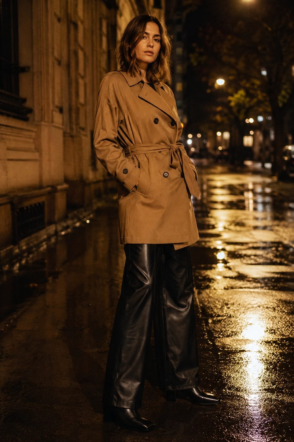 trench coat outfit for a rainy night out: camel trench coat over black faux-leather trousers with black ankle boots