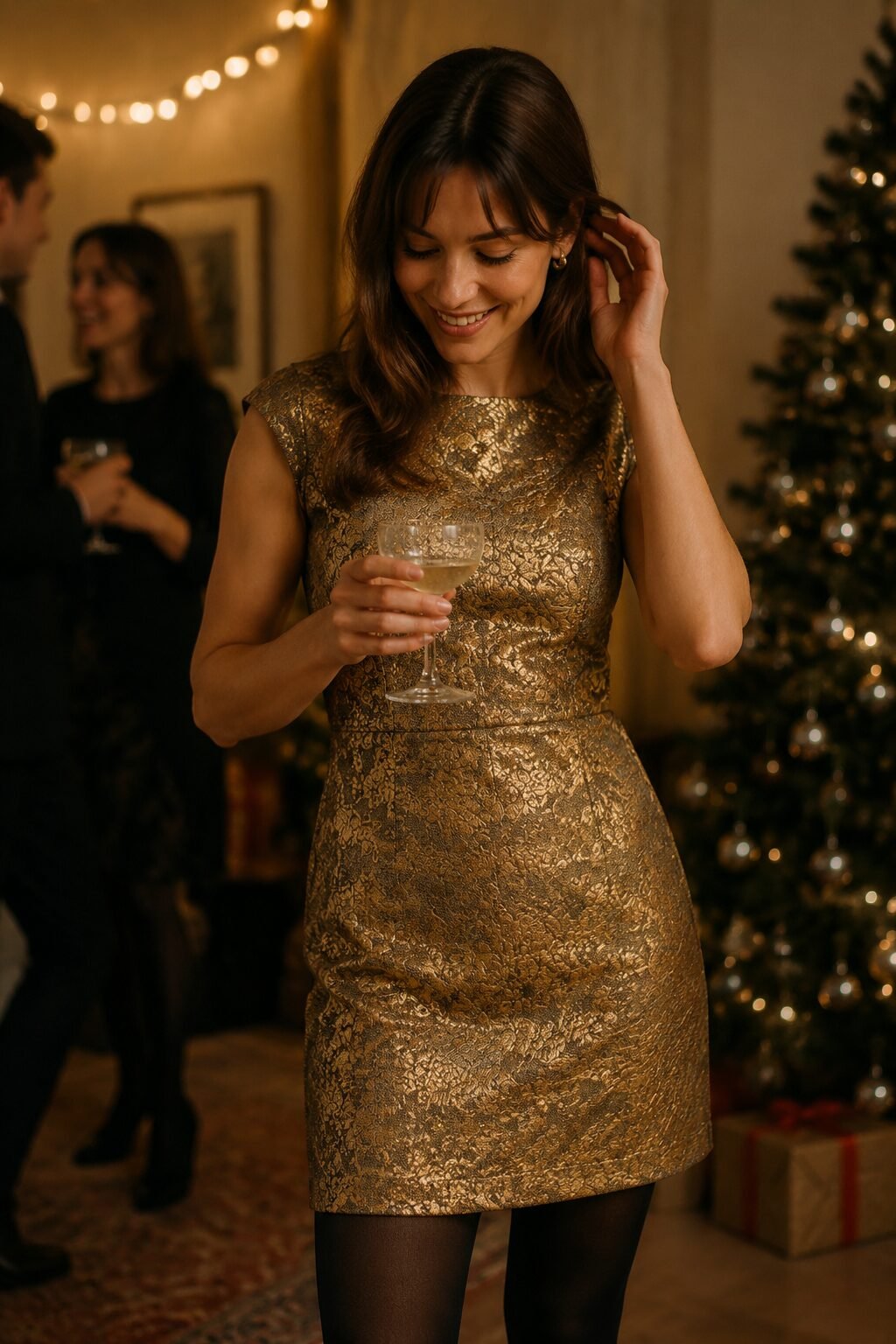 chic Christmas Eve cocktail outfit: gold brocade mini dress with black tights