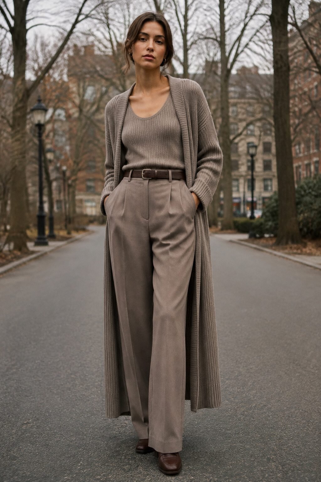 Carolyn Bessette Kennedy inspired outfit ideas: taupe ribbed tank with long cardigan and trousers for weekend layering