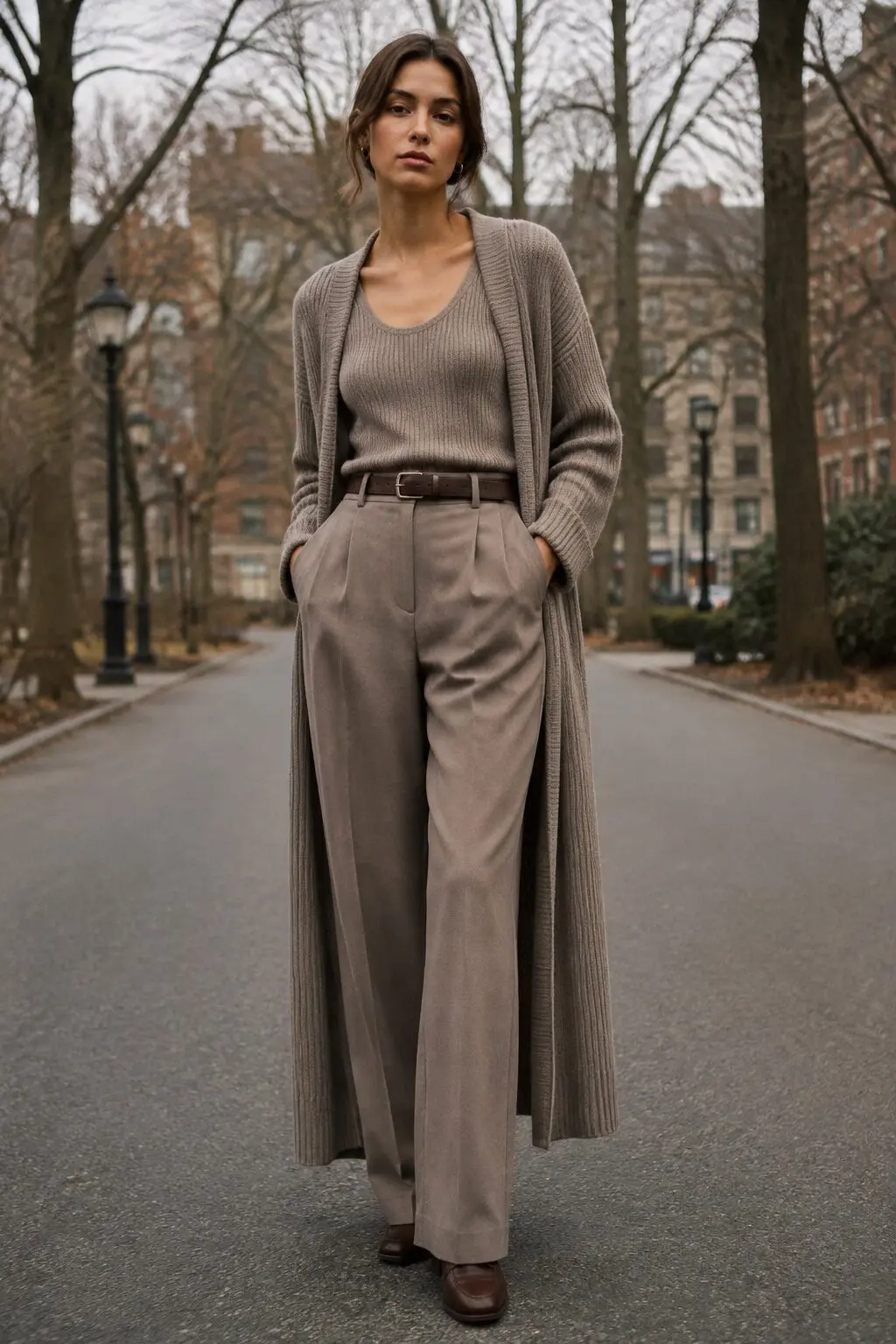 Carolyn Bessette Kennedy inspired outfit ideas: taupe ribbed tank with long cardigan and trousers for weekend layering