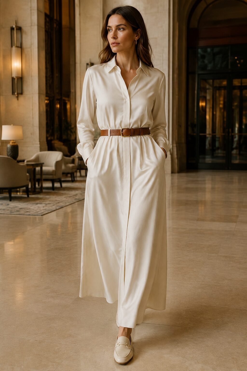 ivory silk shirt dress with leather belt day to evening outfit inspired by carolyn bessette kennedy