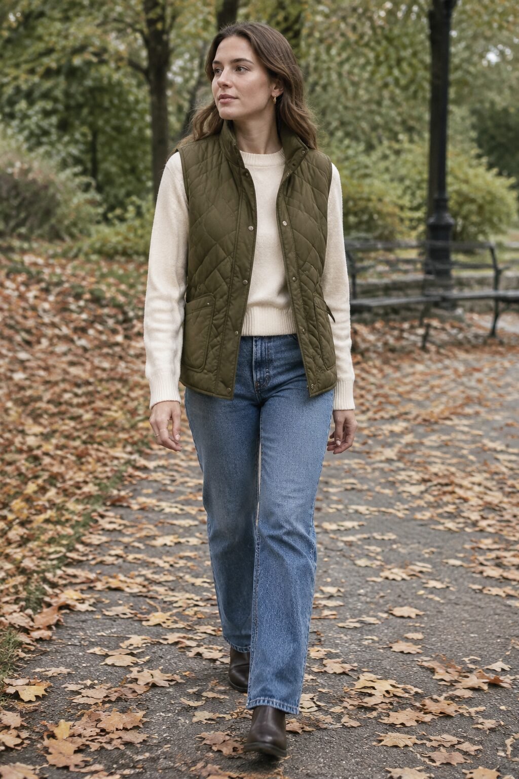 fall capsule outfit formula: olive quilted vest over a cream sweater with straight-leg denim jeans