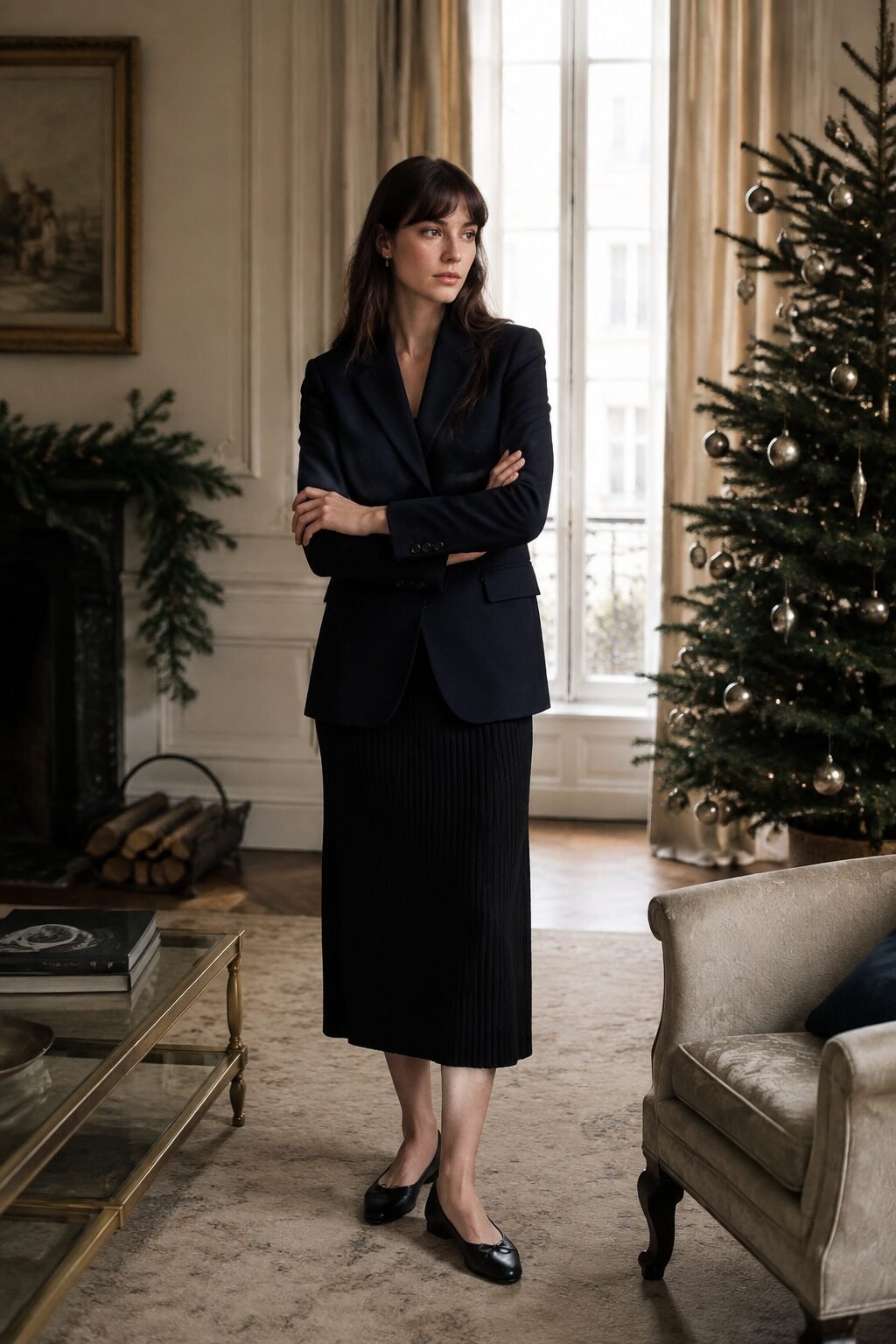 cool toned winter outfit: navy tailored blazer with a black midi skirt and cap-toe flats for a formal Christmas gathering