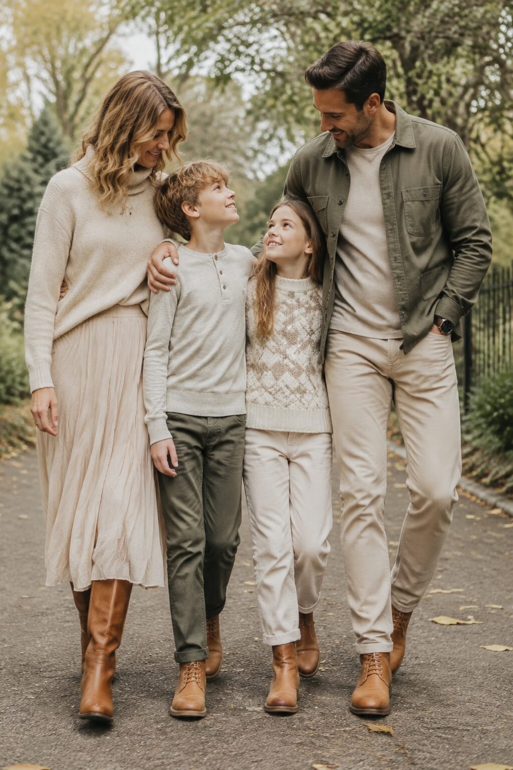 casual family christmas outfits coordinated by shared tan leather boots on an outdoor walk