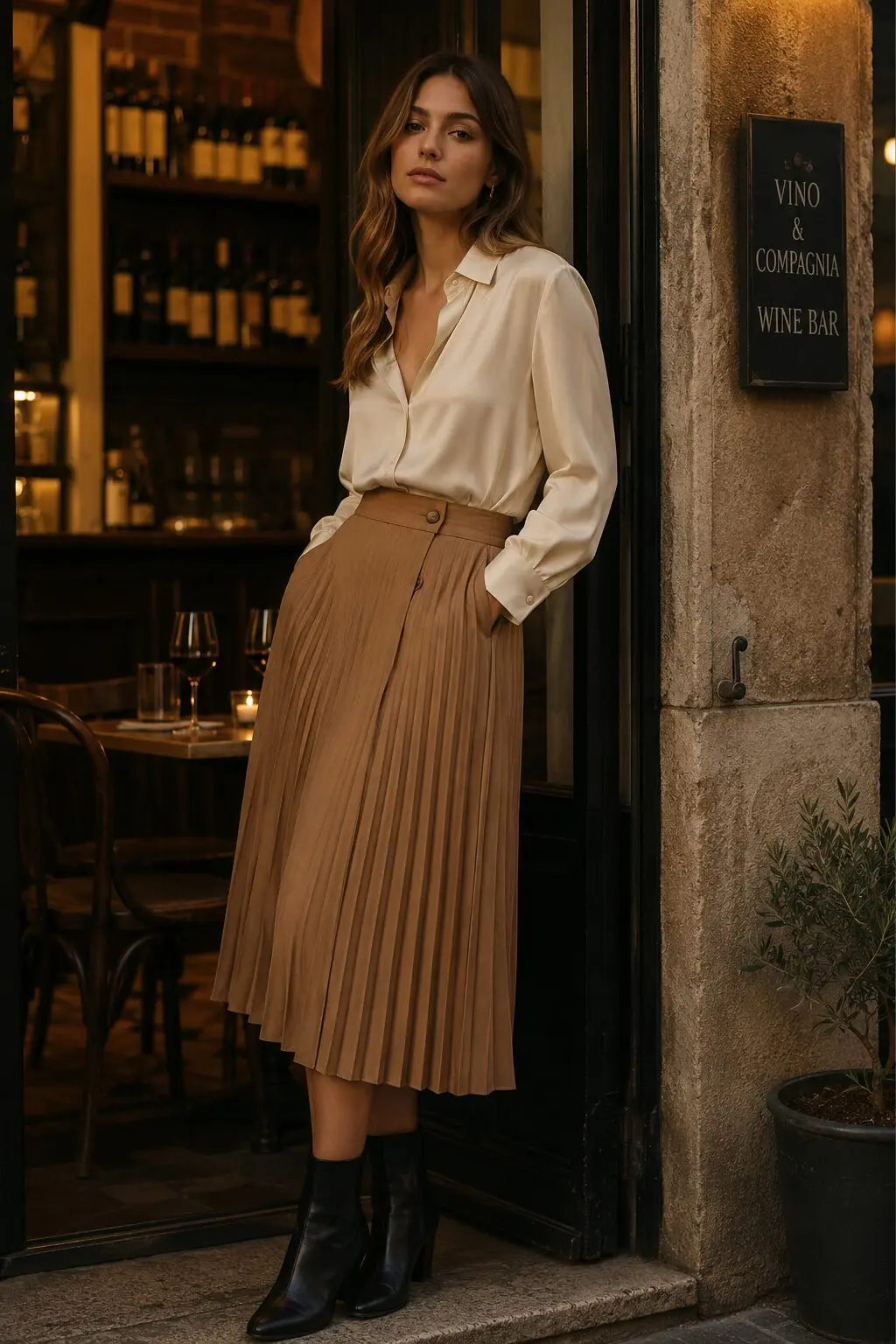 ivory silk blouse tucked into camel pleated midi skirt with black ankle boots, date night fall capsule outfit