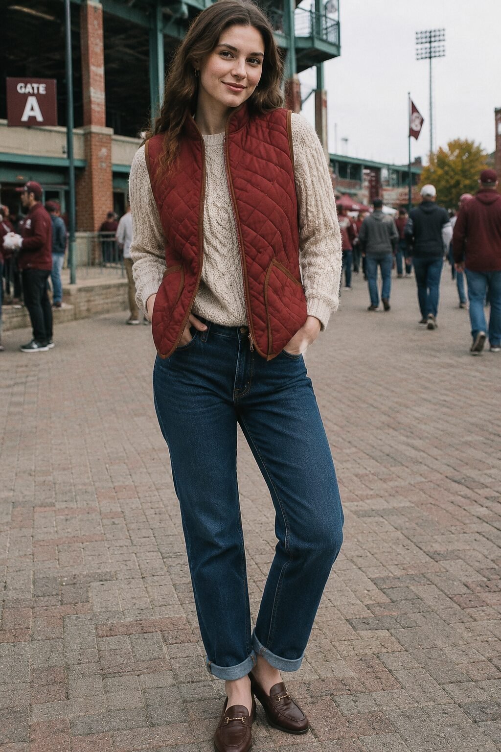 fall capsule wardrobe outfit idea: rust quilted vest, chunky knit, and jeans for a Saturday outdoor game day outfit