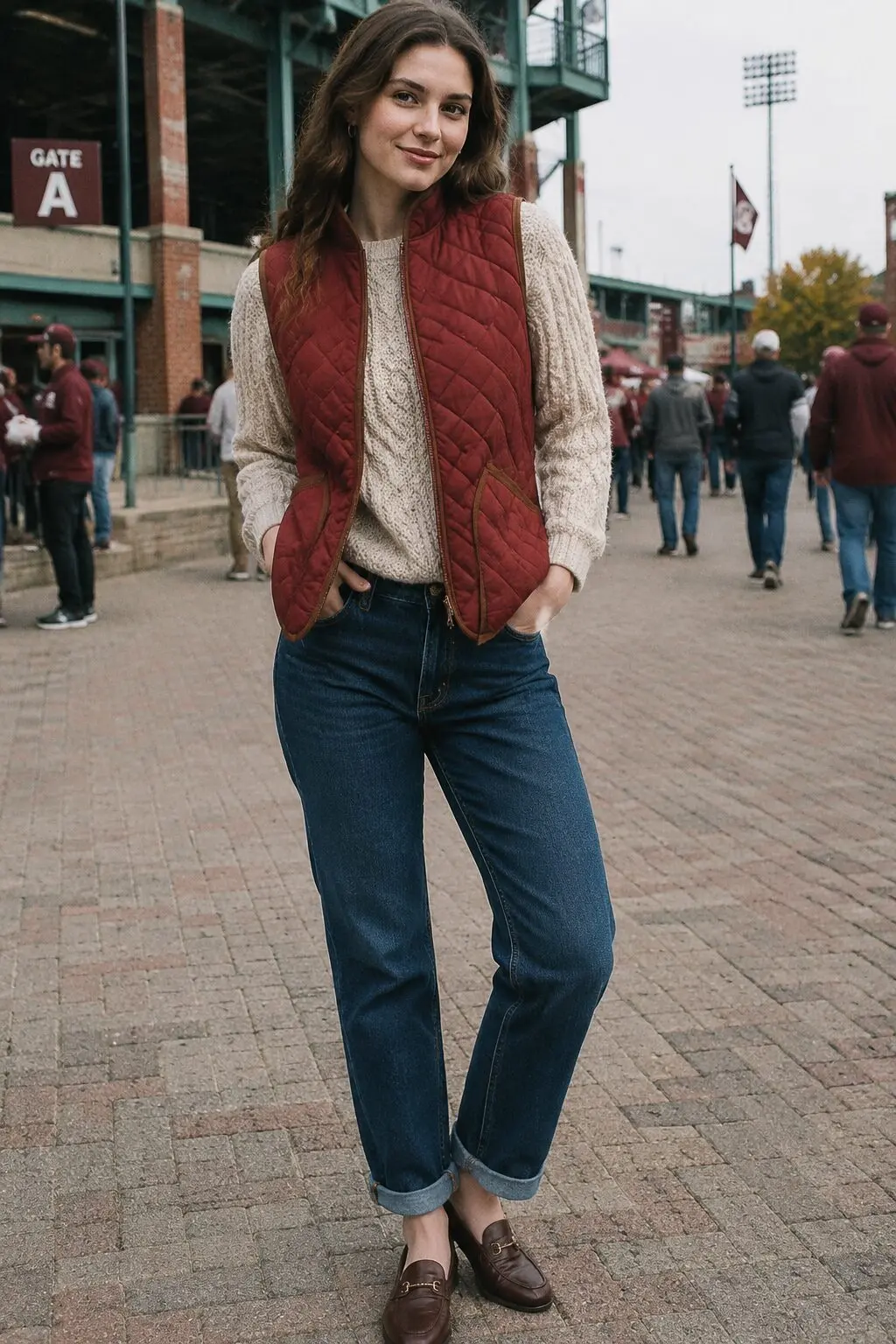 fall capsule wardrobe outfit idea: rust quilted vest, chunky knit, and jeans for a Saturday outdoor game day outfit