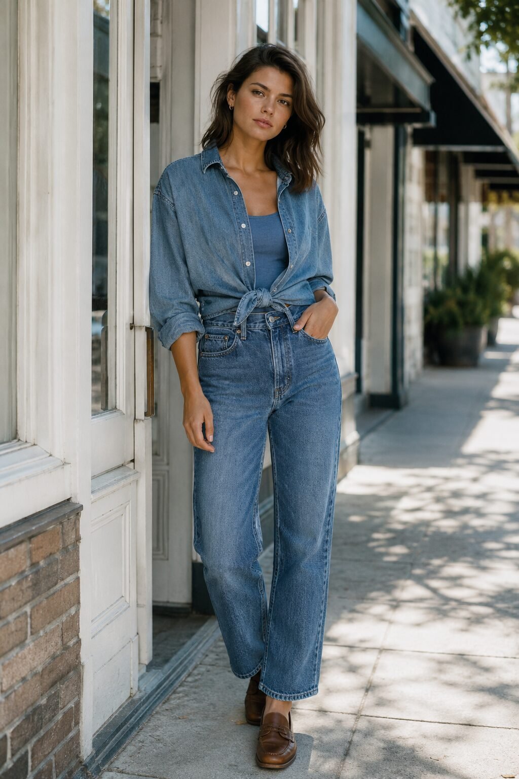 Polished denim outfit idea: chambray shirt tied at the waist over a tank with tonal straight-leg jeans for weekend errands
