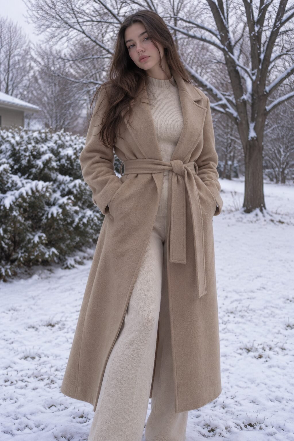 elevated loungewear christmas outfit: camel wool robe coat over a matching cream knit set for outdoor photos