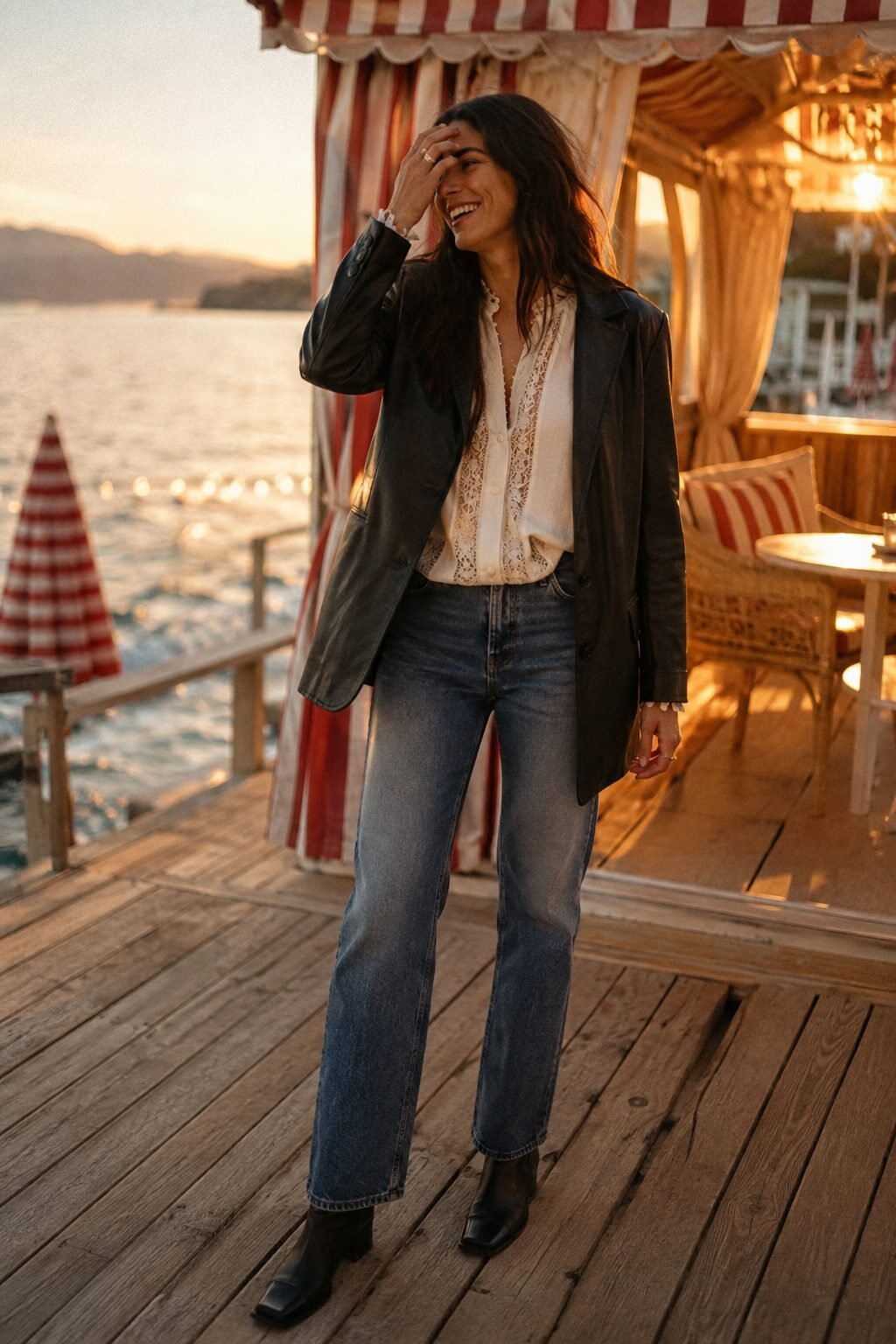 fall capsule wardrobe weekend evening outfit: ecru lace blouse and straight-leg jeans with a black leather blazer and black ankle boots