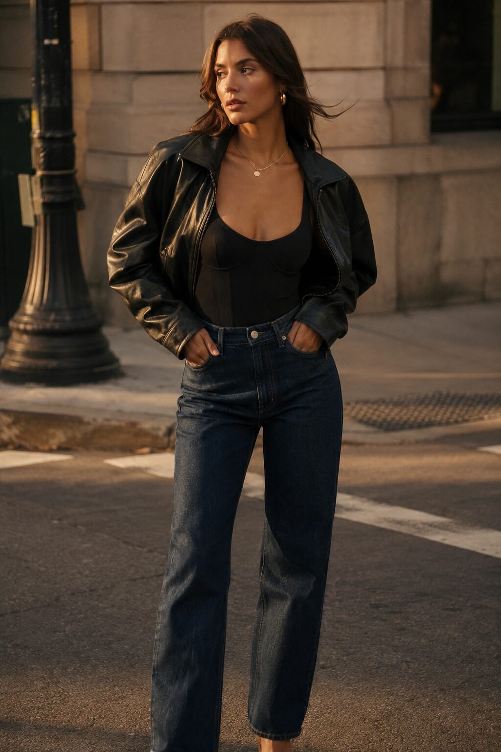 how to style a leather jacket with a bodysuit: black leather jacket worn open over a fitted pink bodysuit and jeans