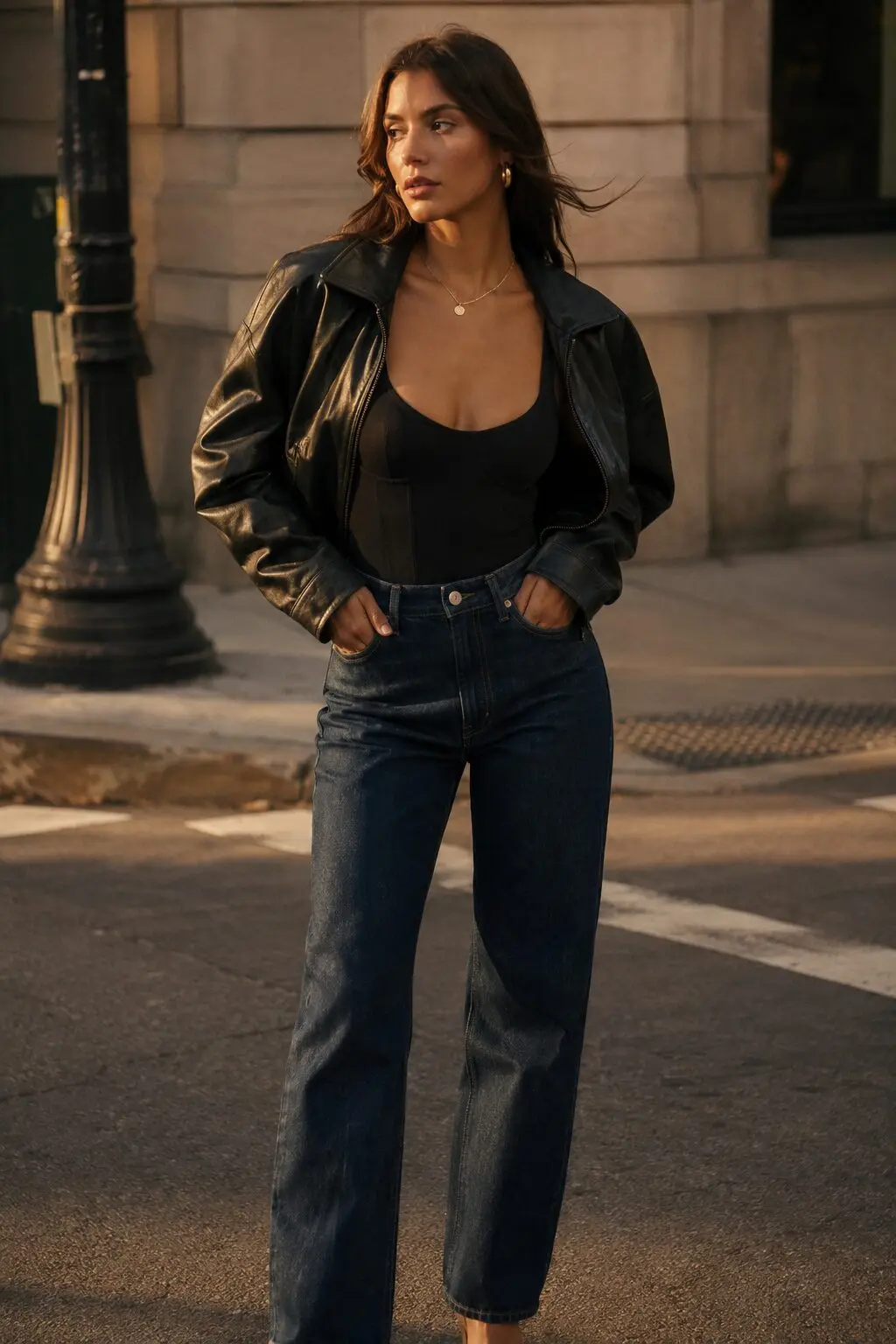 how to style a leather jacket with a bodysuit: black leather jacket worn open over a fitted pink bodysuit and jeans