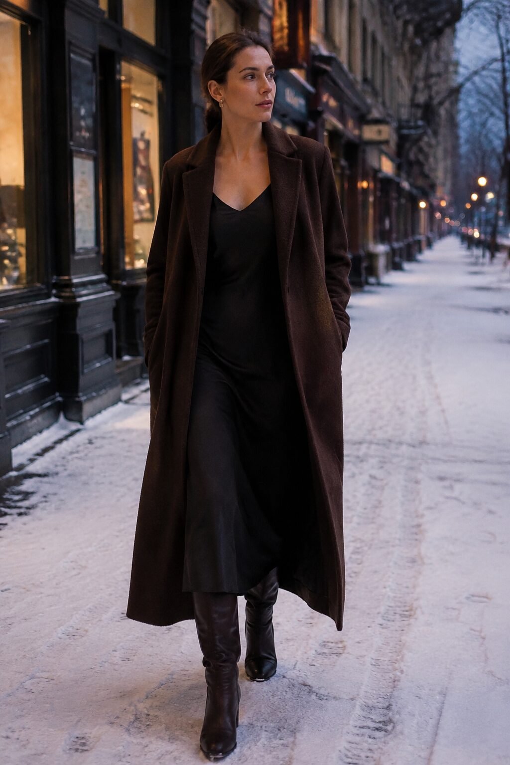 black slip dress with knee-high boots under a long brown coat, a 90s minimalist cold-weather outfit