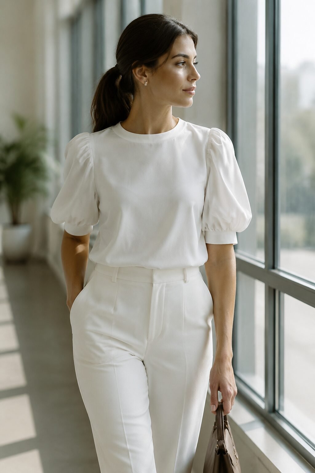 90s fashion look inspired by Carolyn Bessette Kennedy: white puff-sleeve blouse with tailored trousers for office style