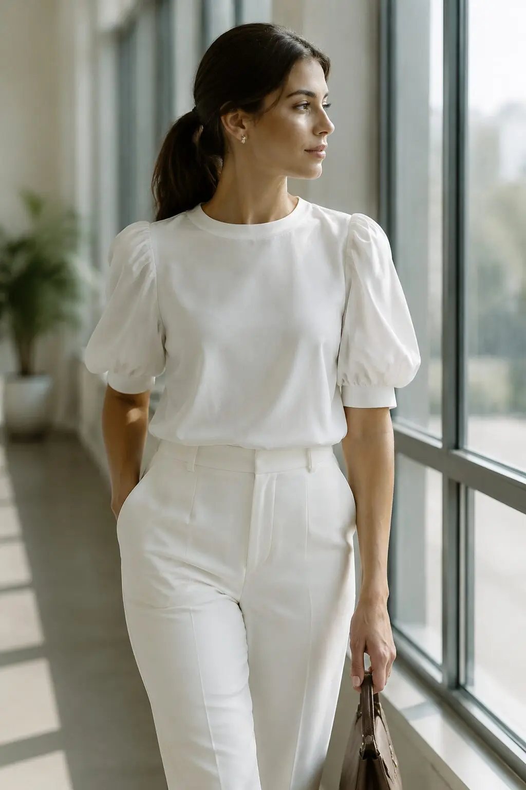 90s fashion look inspired by Carolyn Bessette Kennedy: white puff-sleeve blouse with tailored trousers for office style