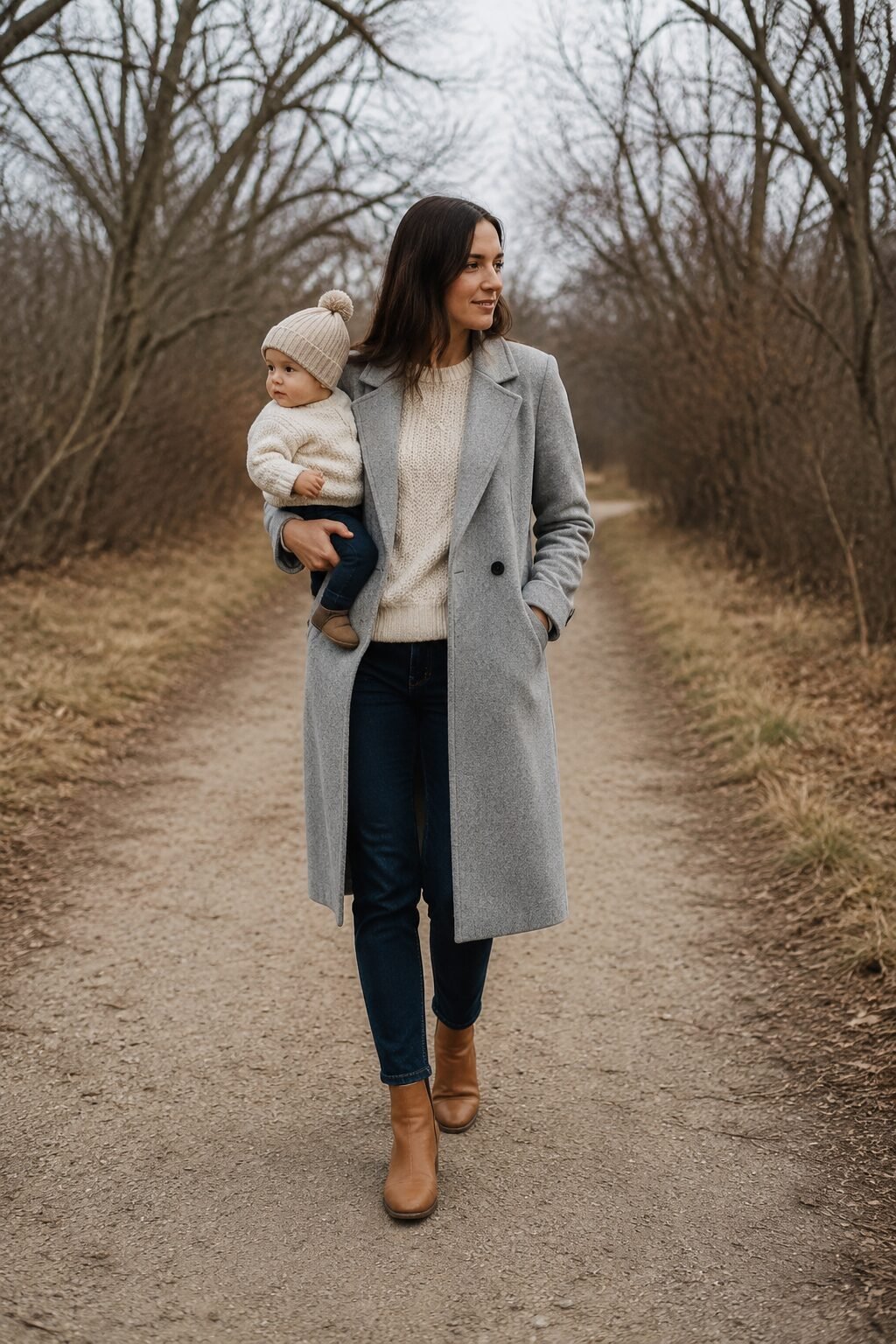 casual family christmas outfits coordinated by shared tan leather boots on an outdoor walk
