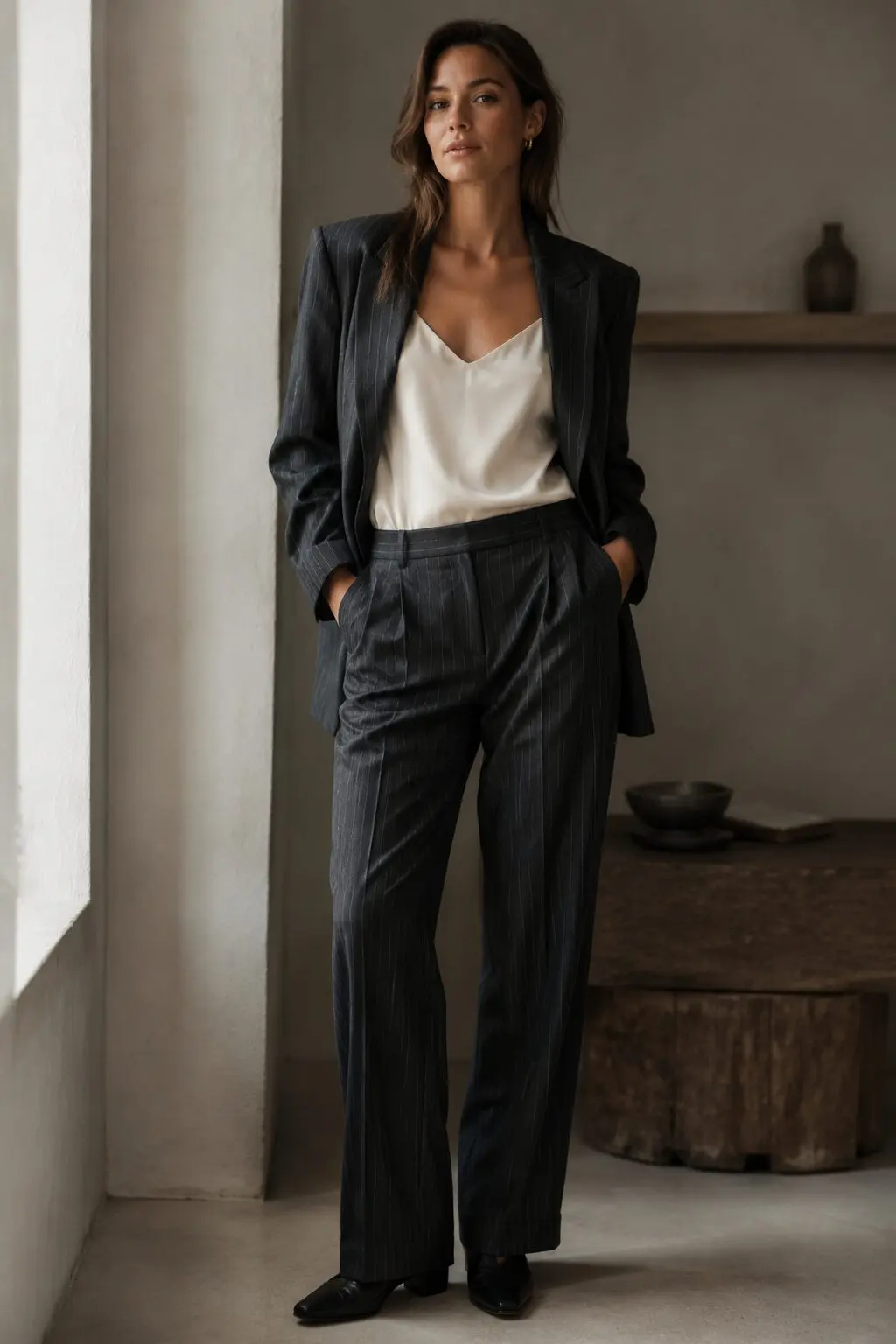 charcoal pinstripe trouser suit with silk camisole, elegant christmas lunch outfit for hosting