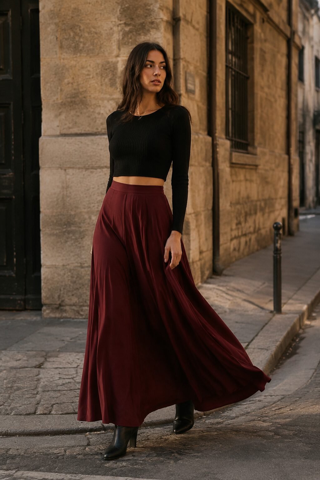 fall capsule outfit formula: fitted black knit top with a flowing burgundy maxi skirt and boots