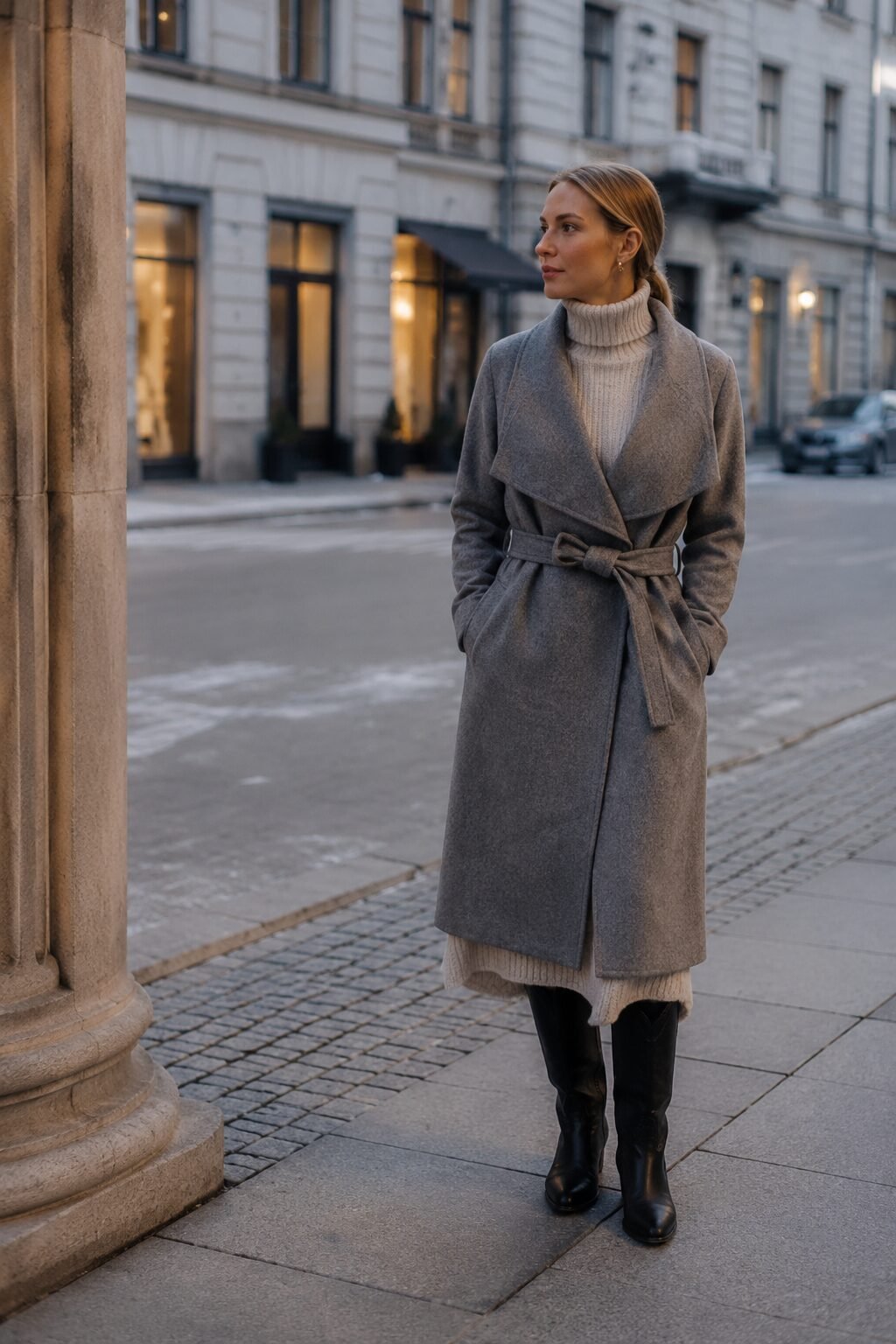 cool toned winter outfit: grey wrap coat belted over an oatmeal knit dress with tall black boots for a winter evening out