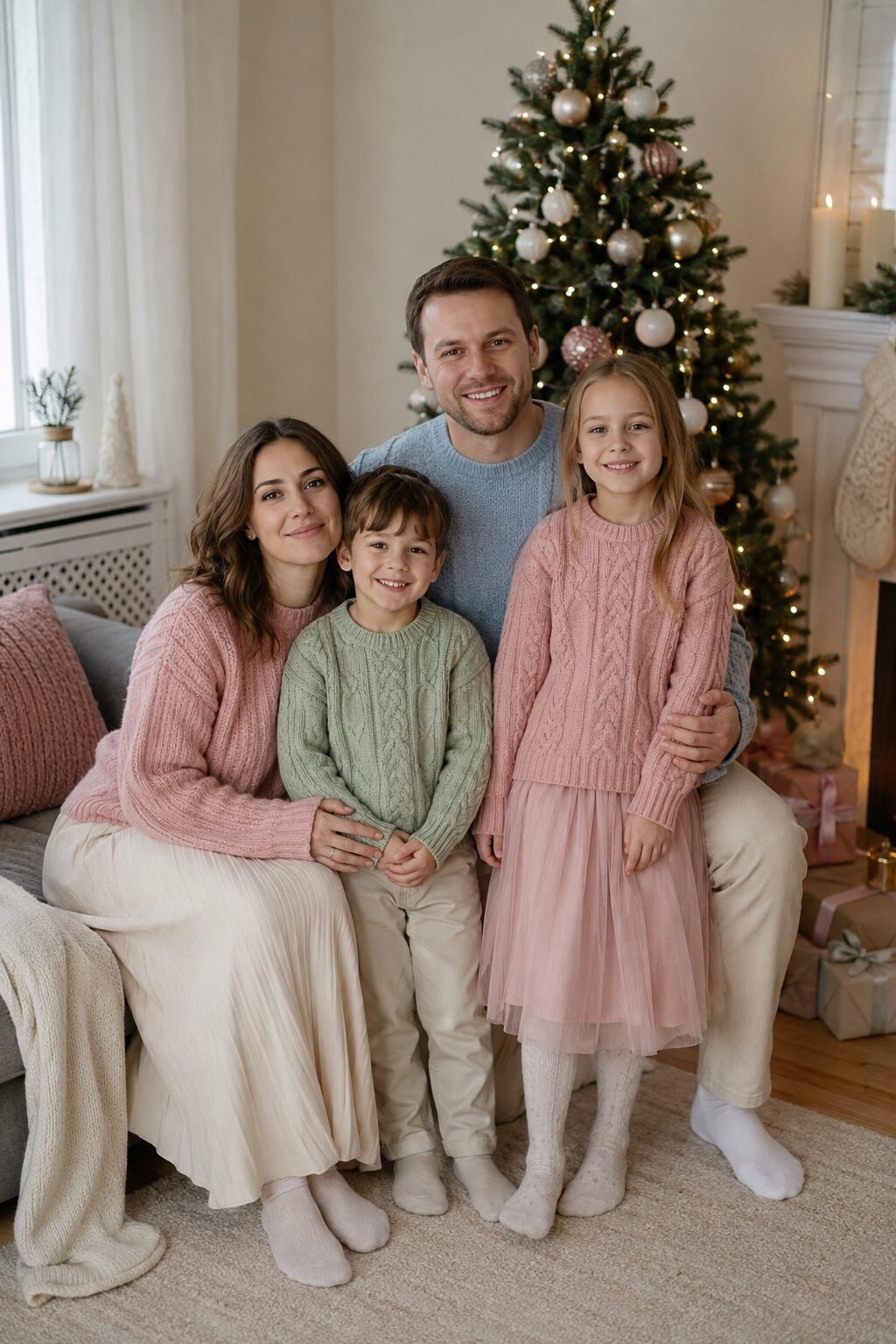 soft pastel family christmas outfits: mother in a dusty-rose knit sweater by the tree