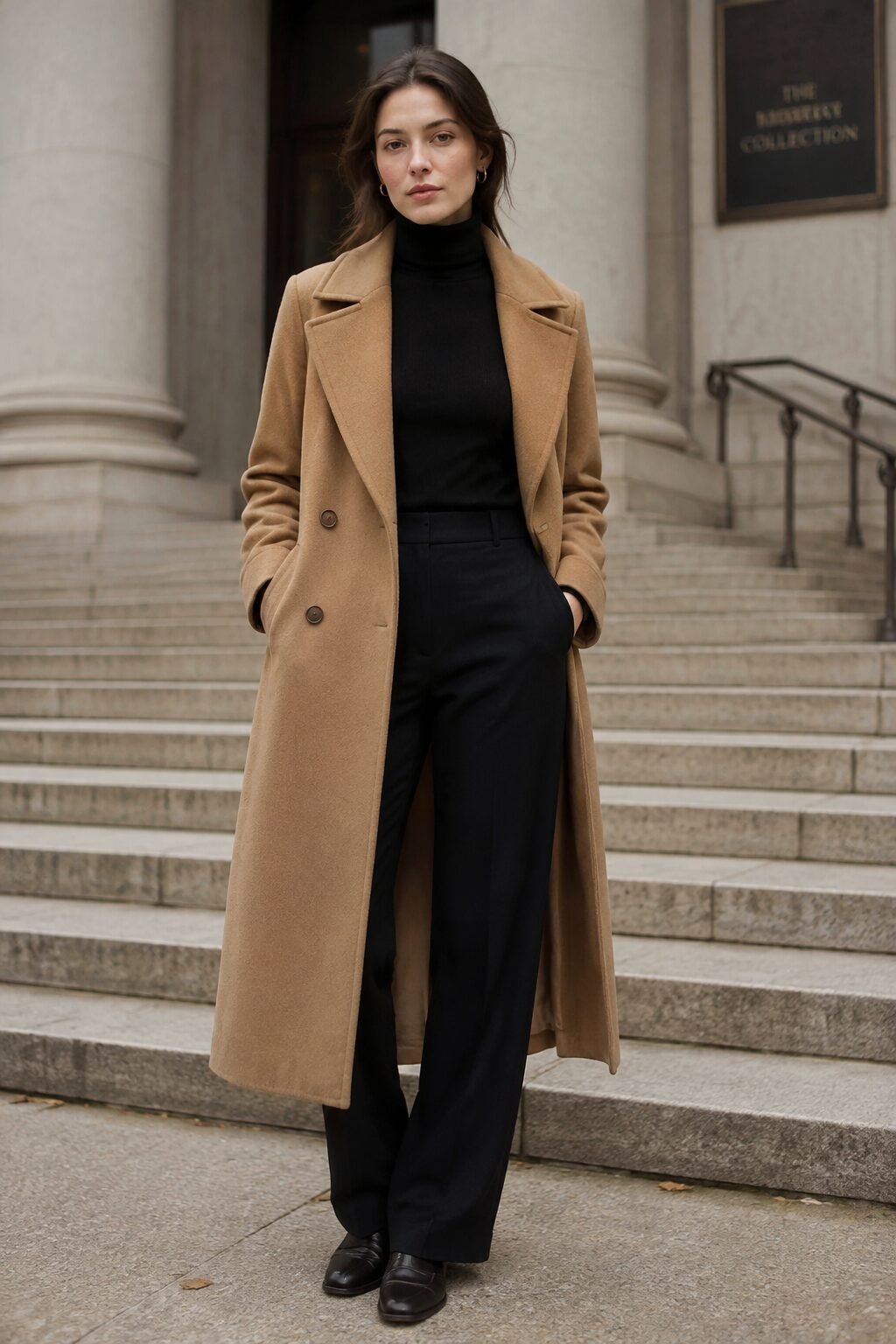 fall capsule wardrobe outfit idea: camel long coat, black turtleneck, and trousers for a Sunday gallery visit