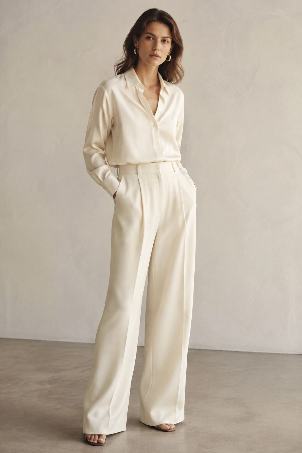 tonal white shirt outfit: matching ivory shirt and wide-leg trouser for a special occasion