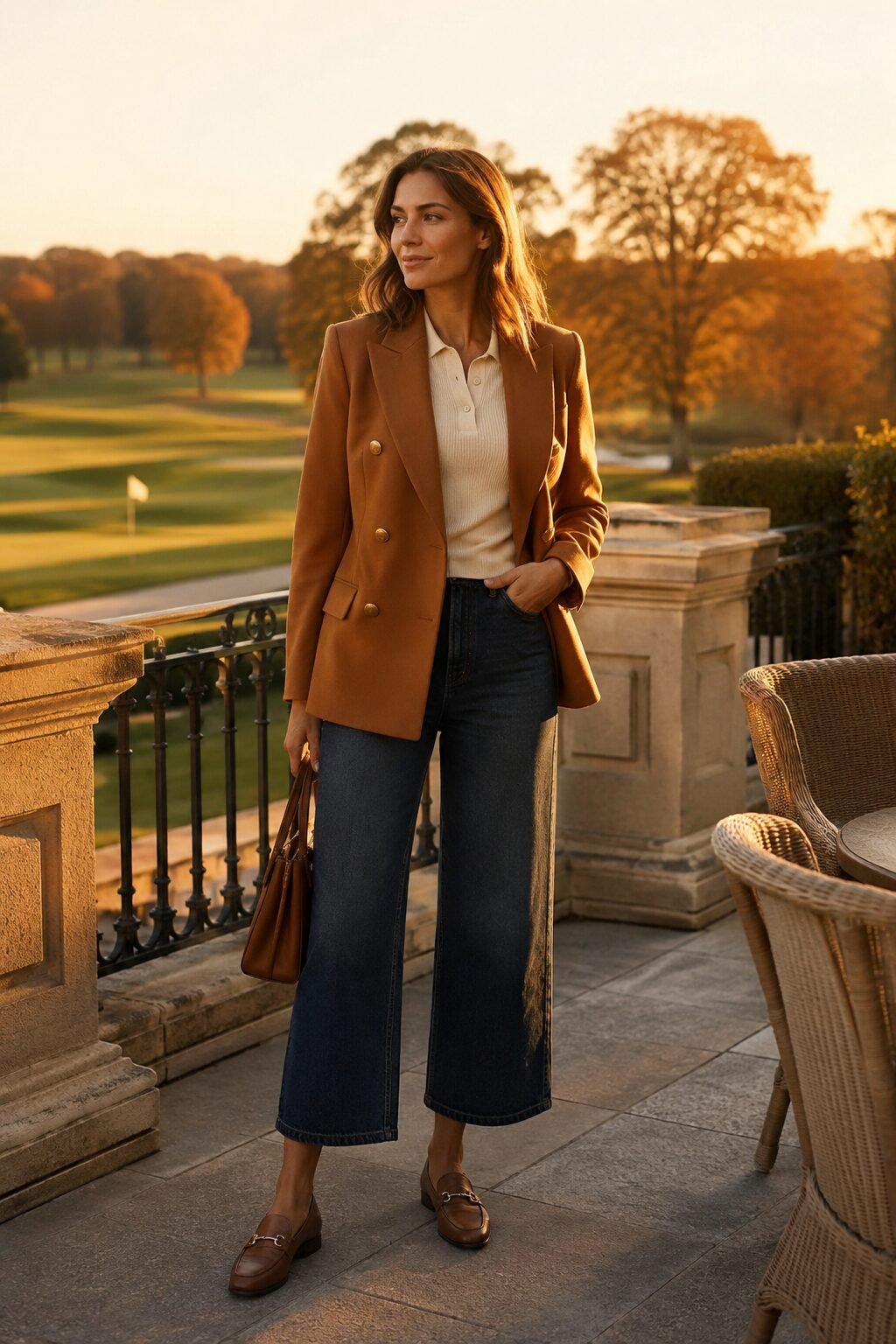 late-fall evening Carolyn Bessette jeans and blazer outfit: cognac double-breasted blazer with rinsed-indigo wide-leg jeans
