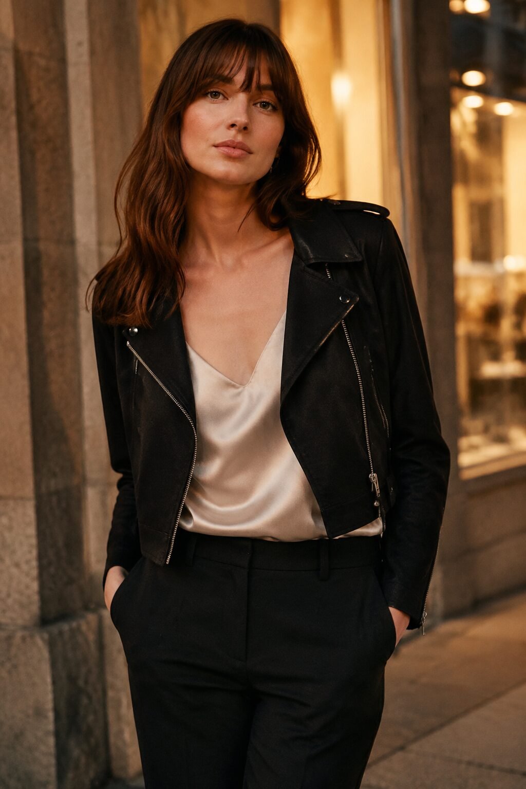 evening out with friends black pants outfit: cropped moto-style jacket over a silk camisole with straight-leg black trousers