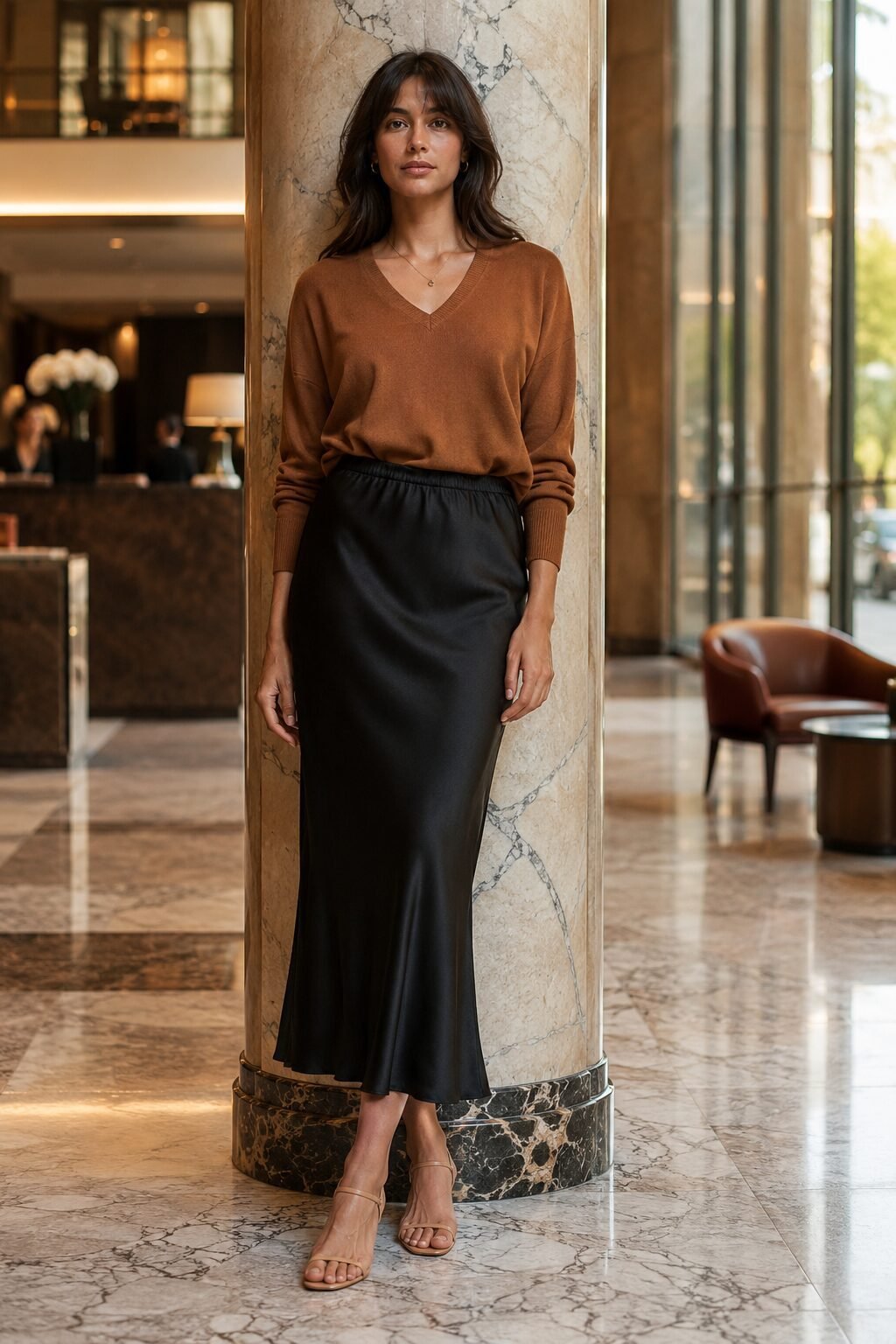 office sweater outfit: olive v-neck sweater tucked into a fitted navy silk skirt with heeled sandals