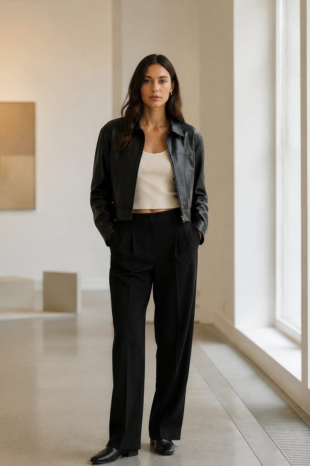 how to style a leather jacket minimally: black leather jacket over a cream ribbed tank and tailored black trousers