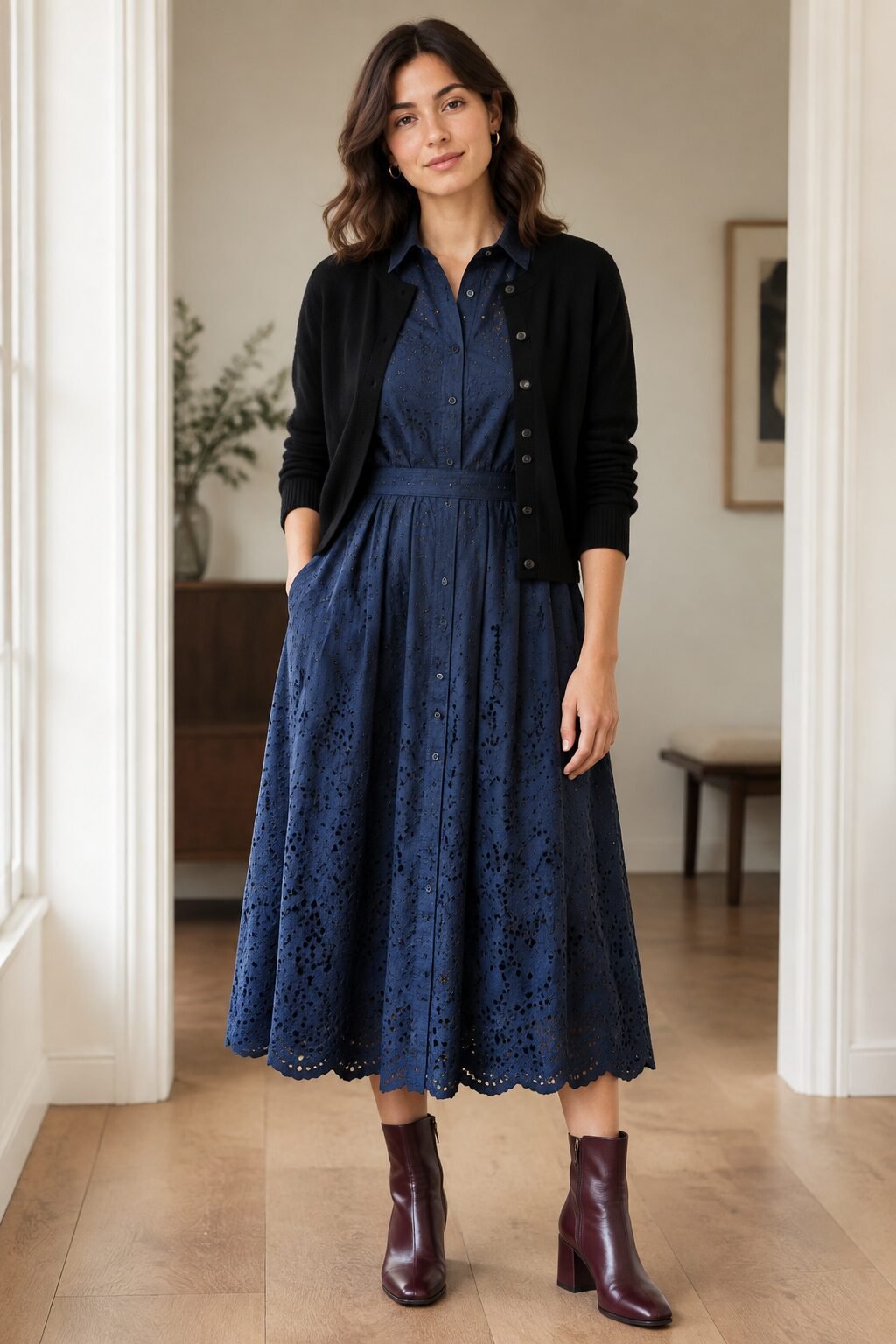 how to style a cardigan with a shirt dress: black cashmere cardigan open over navy embroidered eyelet midi dress and burgundy ankle boots