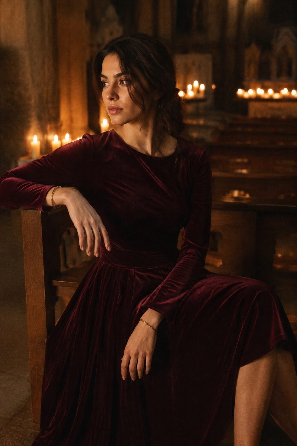 elegant Christmas Eve outfit: burgundy long-sleeve velvet midi dress for midnight mass