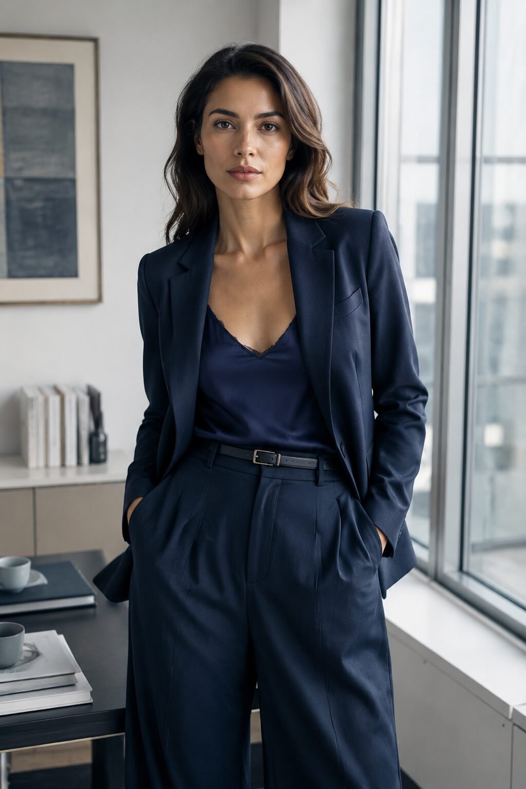 carolyn bessette kennedy inspired outfit: navy blazer and silk camisole with wide-leg wool trousers