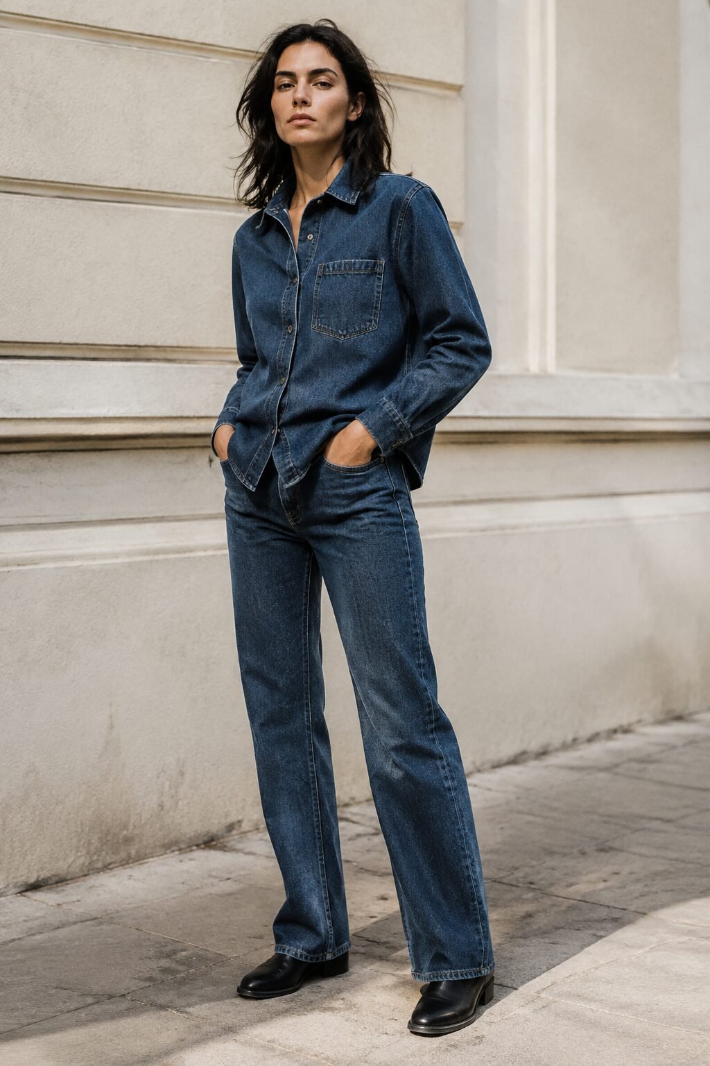 woman in a 90s minimalist outfit wearing a tonal indigo denim shirt-jacket over matching straight-leg jeans