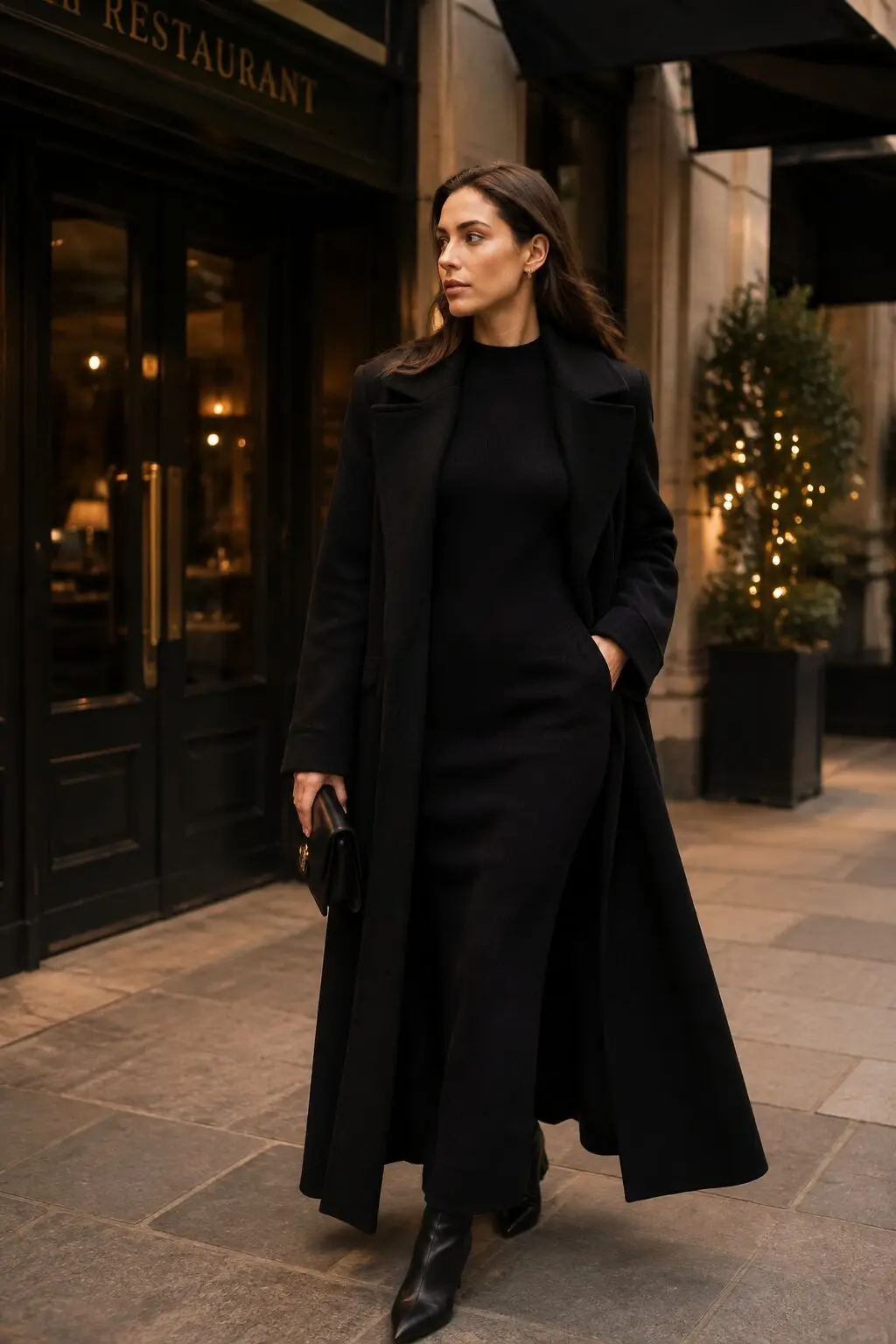 black fitted merino knit dress under a long wool coat evening outfit inspired by carolyn bessette kennedy
