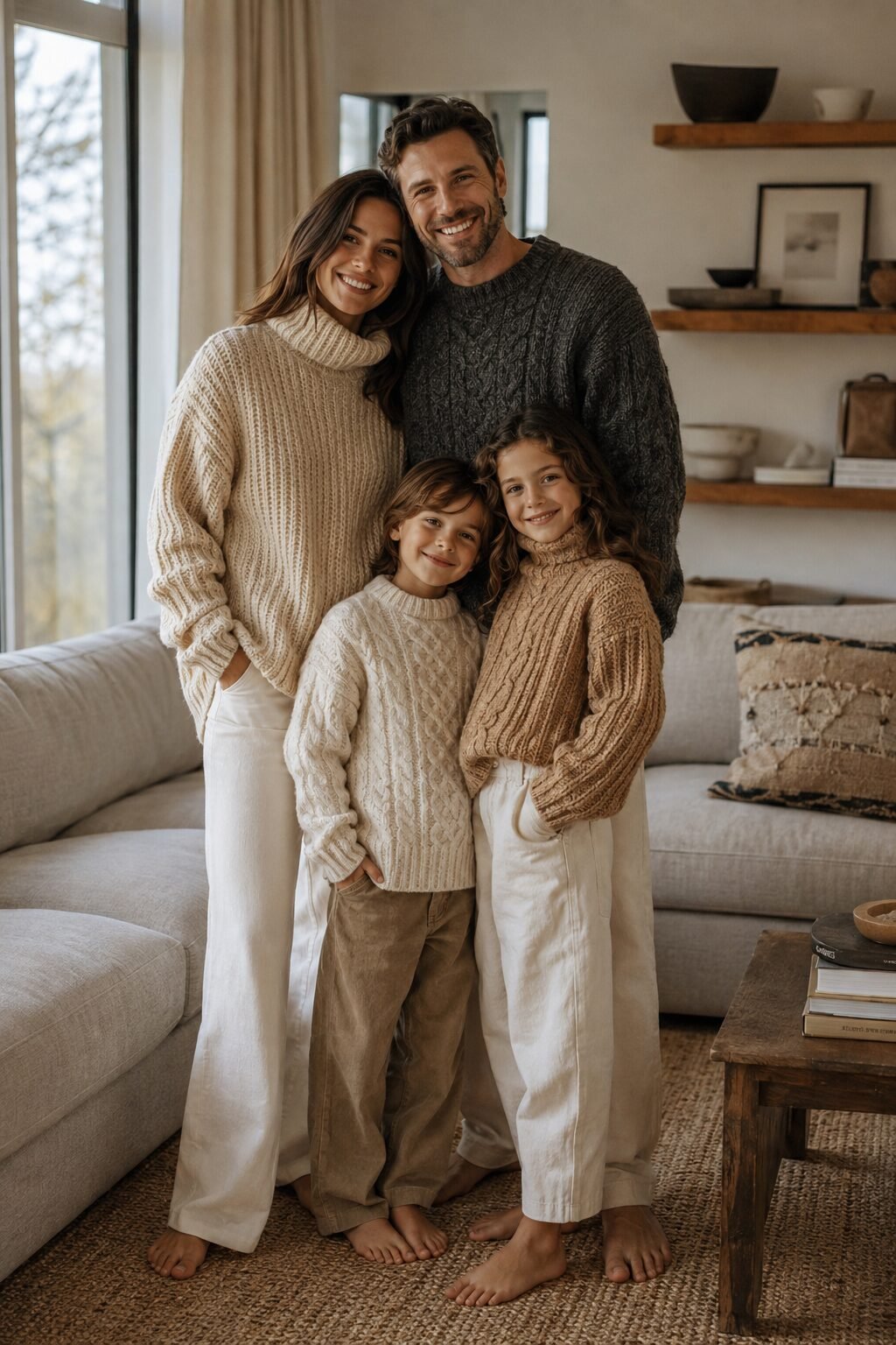 casual family christmas outfits unified by chunky knit sweaters in varied colors