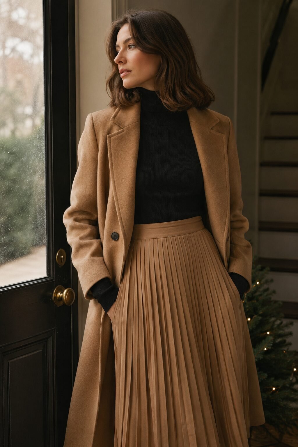 black turtleneck and camel pleated midi skirt under a camel wool coat, holiday fall capsule outfit