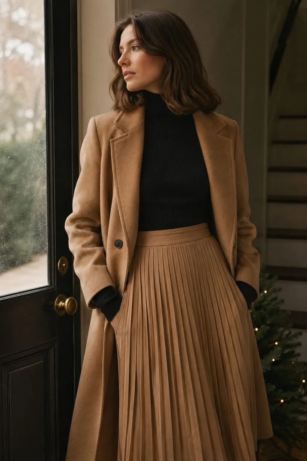 black turtleneck and camel pleated midi skirt under a camel wool coat, holiday fall capsule outfit